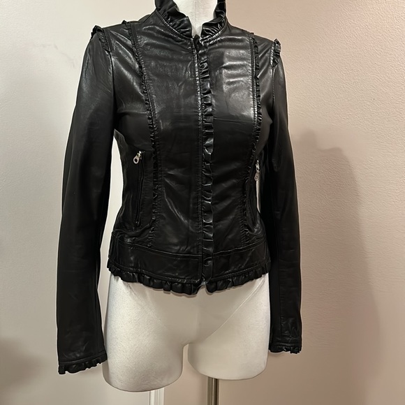 ❌Kenna-t Black Soft Leather Bomber Biker Moto Jacket Ruffle Leopard Lining Small - Picture 3 of 14
